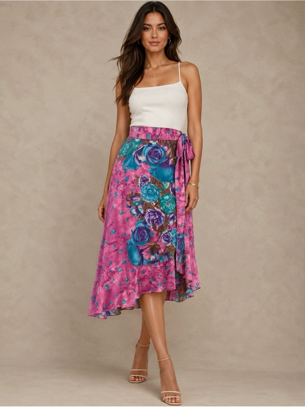 Bellisimo Fashion Pink Floral Wrap Midi Skirt